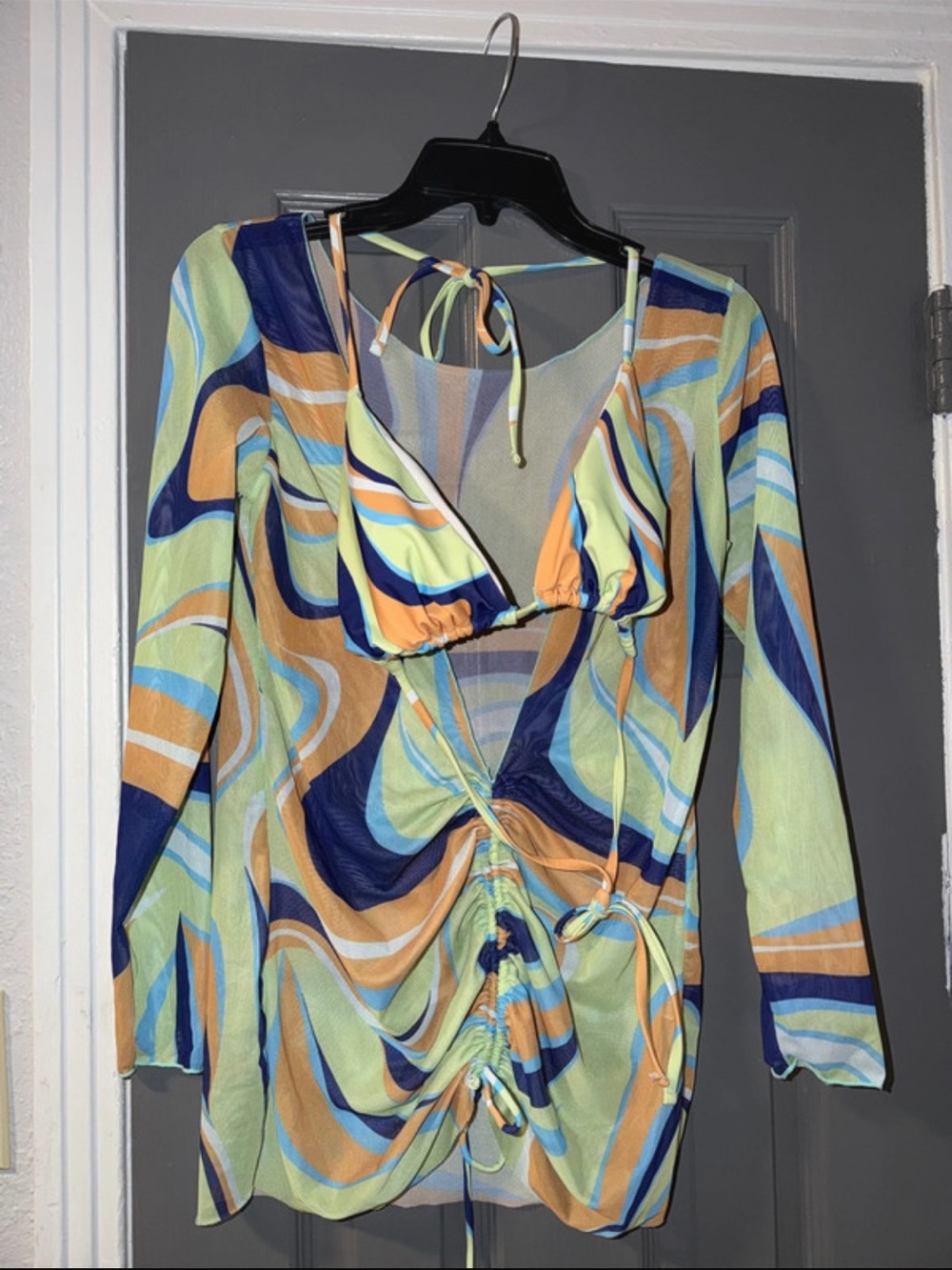 Long Sleeve Ruched Tie-Front Women's Swim coverup and top - Picture 1 of 2